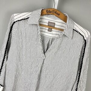 Chico's Stripe Popover Top Size 2 Womens L/12 Black White Pompom Trim Rayon